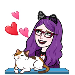 Purple haired Bitmoji with red glasses and cat ears wearing a lucky cat t-shirt stands behind a brown and white cat, both of them smiling as hearts hover in the air between them